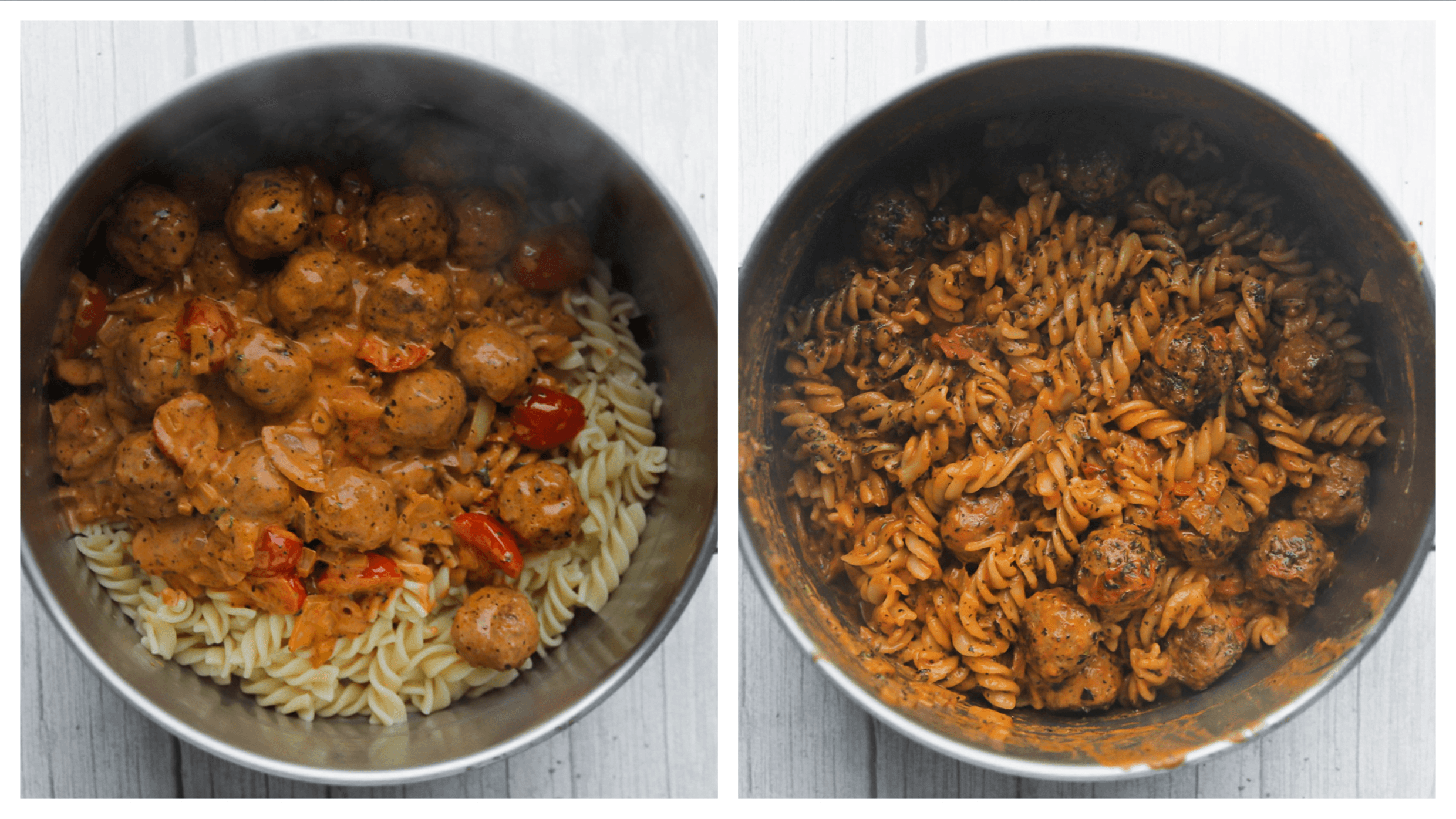 Gehaktballen in saus mengen met fusilli
