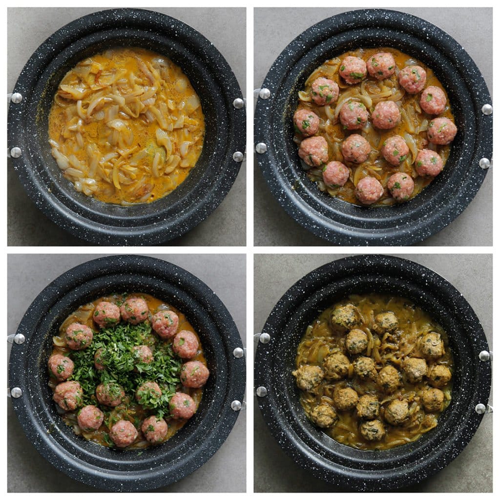 Voeg het kruidenmengsel toe. Verdeel de gehaktballen erover en de overige koriander (10 gr). Breng aan de kook. Zet het vuur nu weer laag en kook, afgedekt, 20-25 minuten. Is de jus waterig? Haal de deksel van de tajine en kook op hoog vuur. Blijf er wel bij staan, want het vocht verdampt.