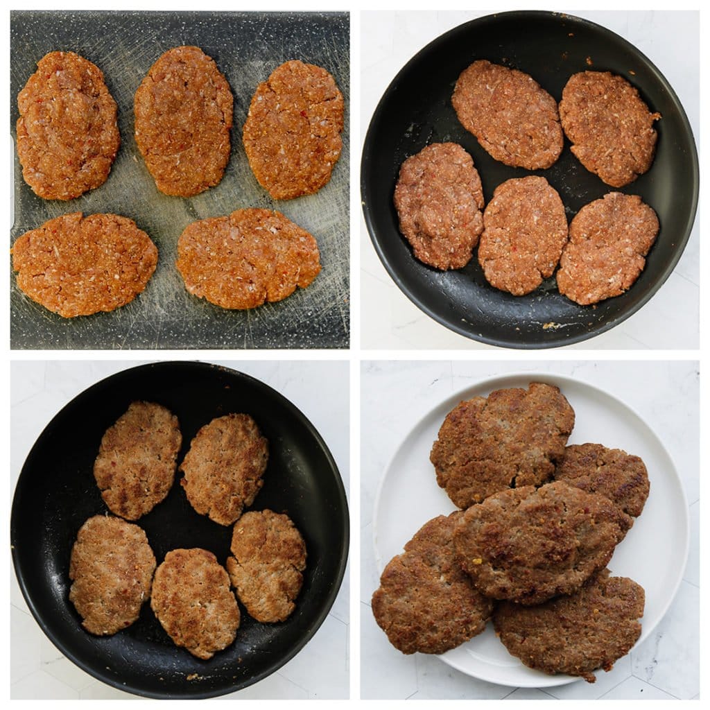 Neem wat van het gehakt (90 gr per stuk) en vorm er langwerpige burgers van. Doe de burgers in een koekenpan op middelhoog vuur en bak ze aan beide kanten gaar.