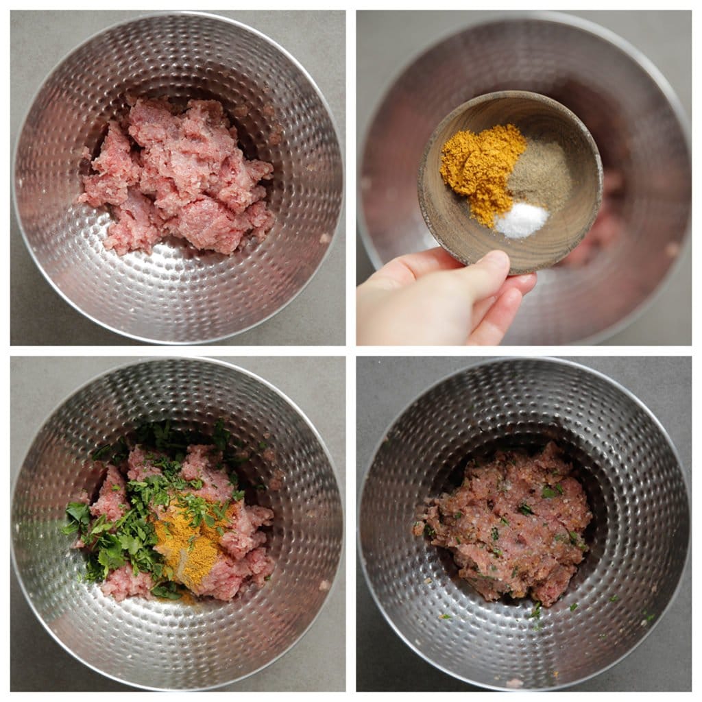 Doe het gehakt in een diepe kom. Voeg het zout, de ras el hanout, zwarte peper en koriander (5 gr) toe. Meng goed.