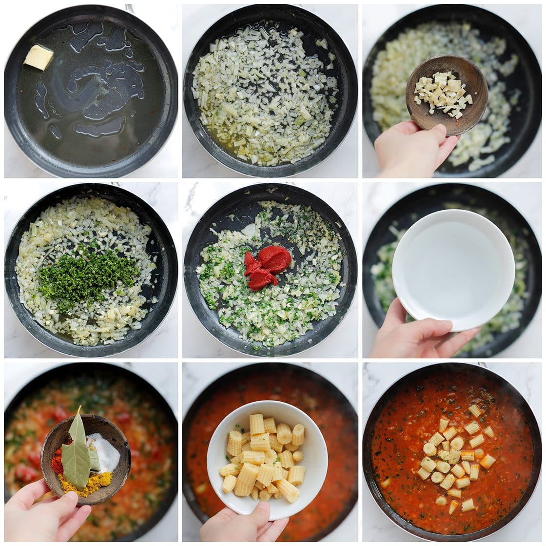 Groenten bakken en koken met kruiden, babymais