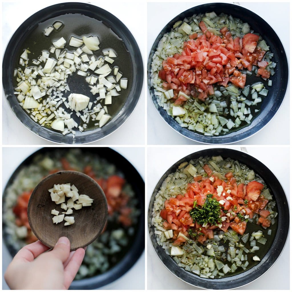 Verhit de olijfolie in een koekenpan op middelhoog vuur. Voeg de gele ui toe en bak 2-3 minuten. Voeg de tomaat, knoflook en peterselie toe. Zet het vuur hoog. Als het goed kookt, zet je het vuur laag. Kook, afgedekt, 10 minuten.