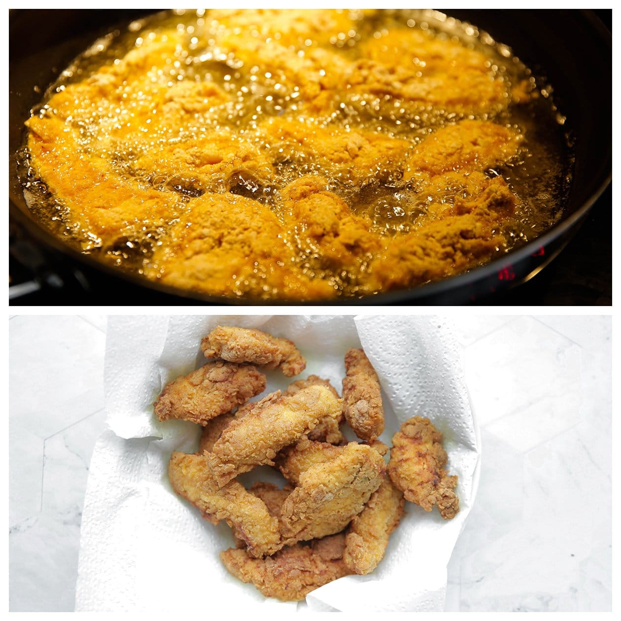 Kip krokant bakken en uit laten lekken op keukenpapier