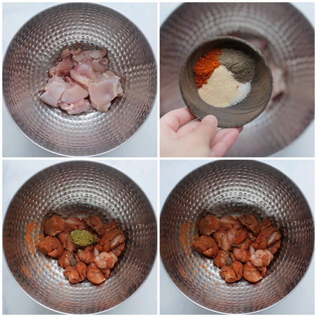 Doe de kippendijen in een kom. Voeg het zout, de zwarte peper, paprikapoeder, uienpoeder en knoflookpoeder toe. Meng tot een geheel. Voeg de pesto toe en meng goed.