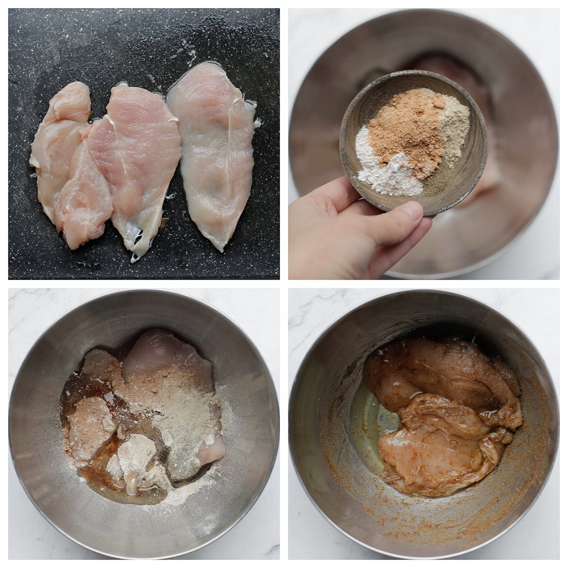 Kipfilet mengen met verse kruiden en eiwit in een diepe kom