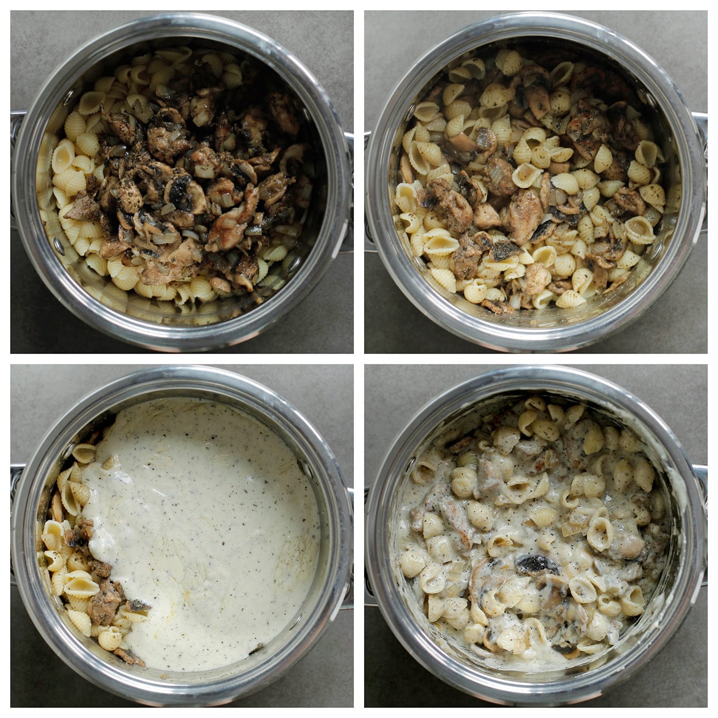 Kipmengsel en bechamelsaus goed mengen met de conchiglie