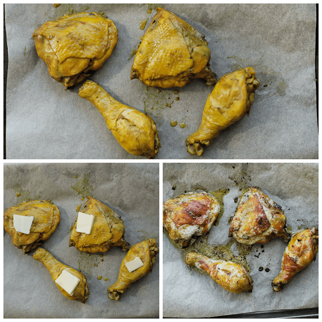 Kippenbouten insmeren met roomboter en bakken in de oven