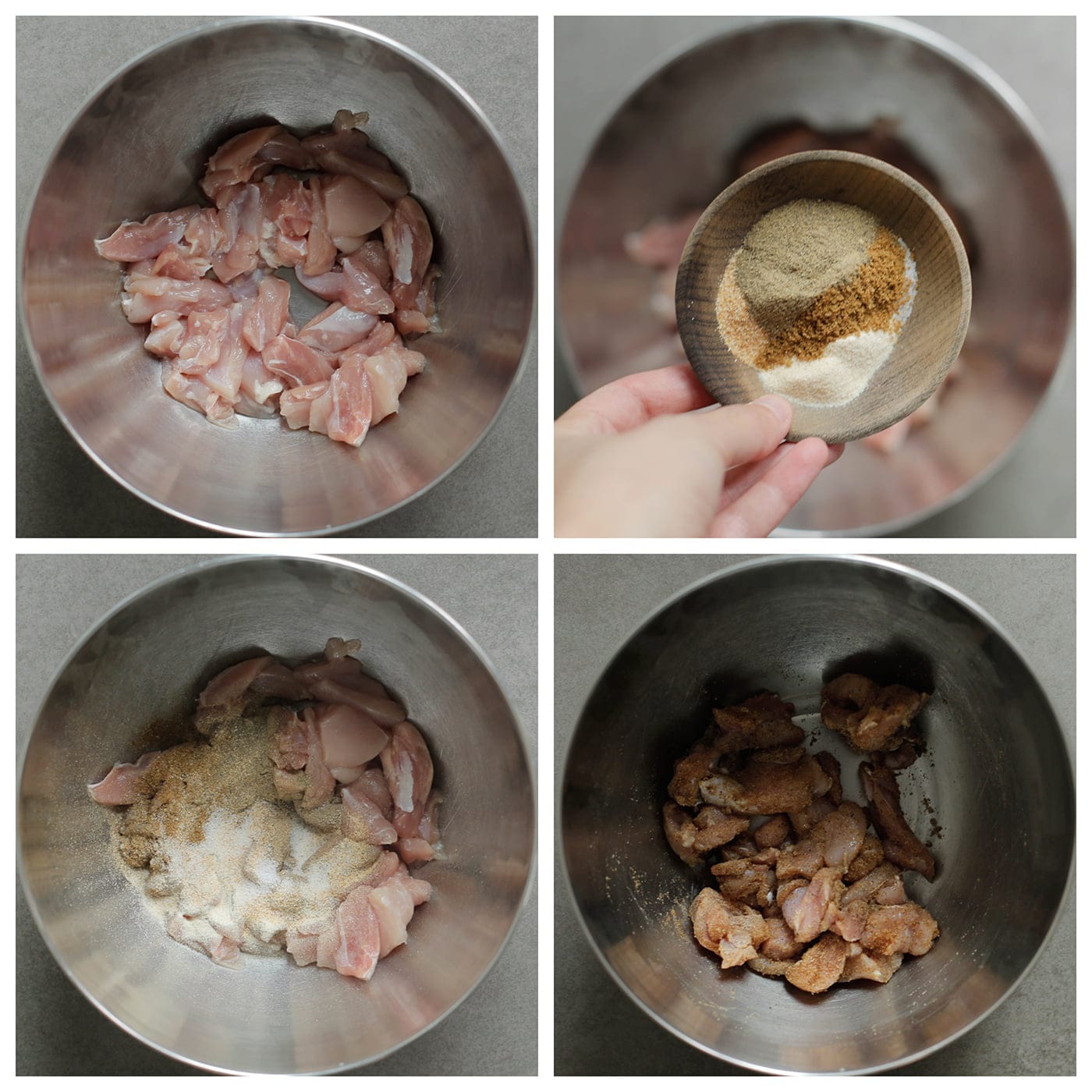 Kippendijen mengen met verse kruiden in een diepe kom