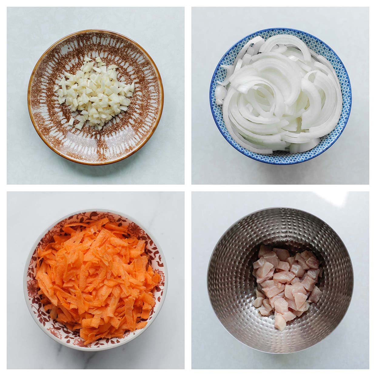 Knoflook, gele ui, wortel en kip