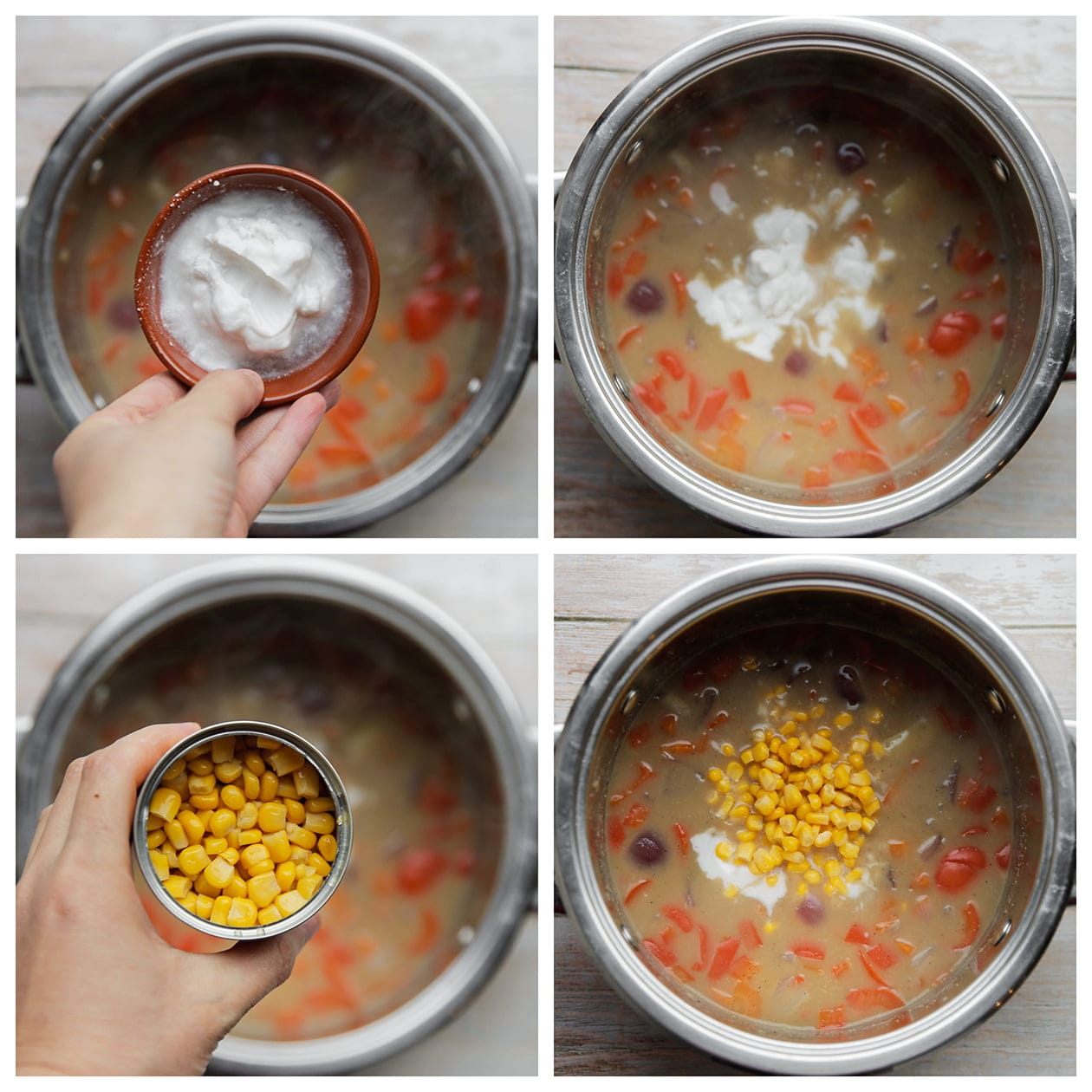 Kokosmelk en mais toevoegen aan de soep