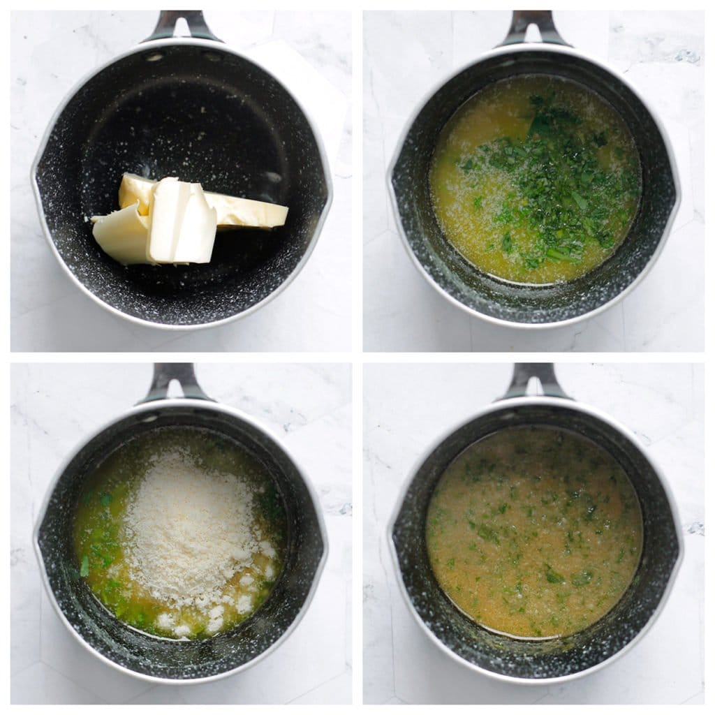 Smelt de roomboter in een steelpan op laag vuur. Voeg de knoflook, peterselie en parmezaanse kaas toe. Meng goed.