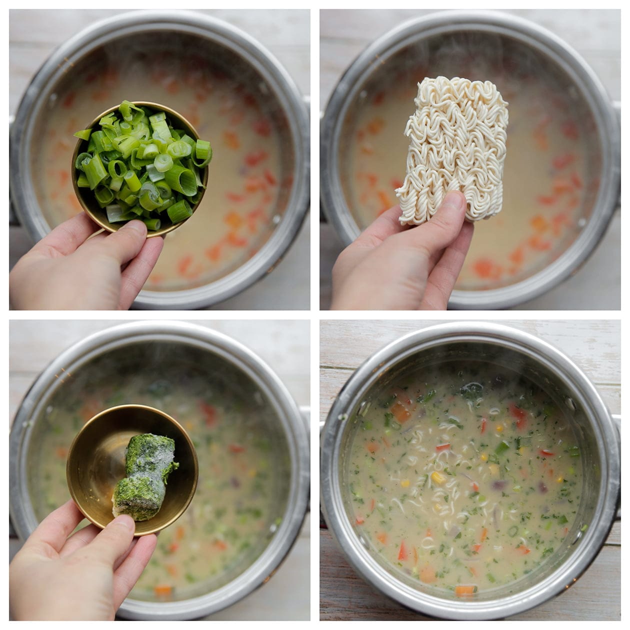 Lente ui, noedels en spinazie toevoegen aan de soep