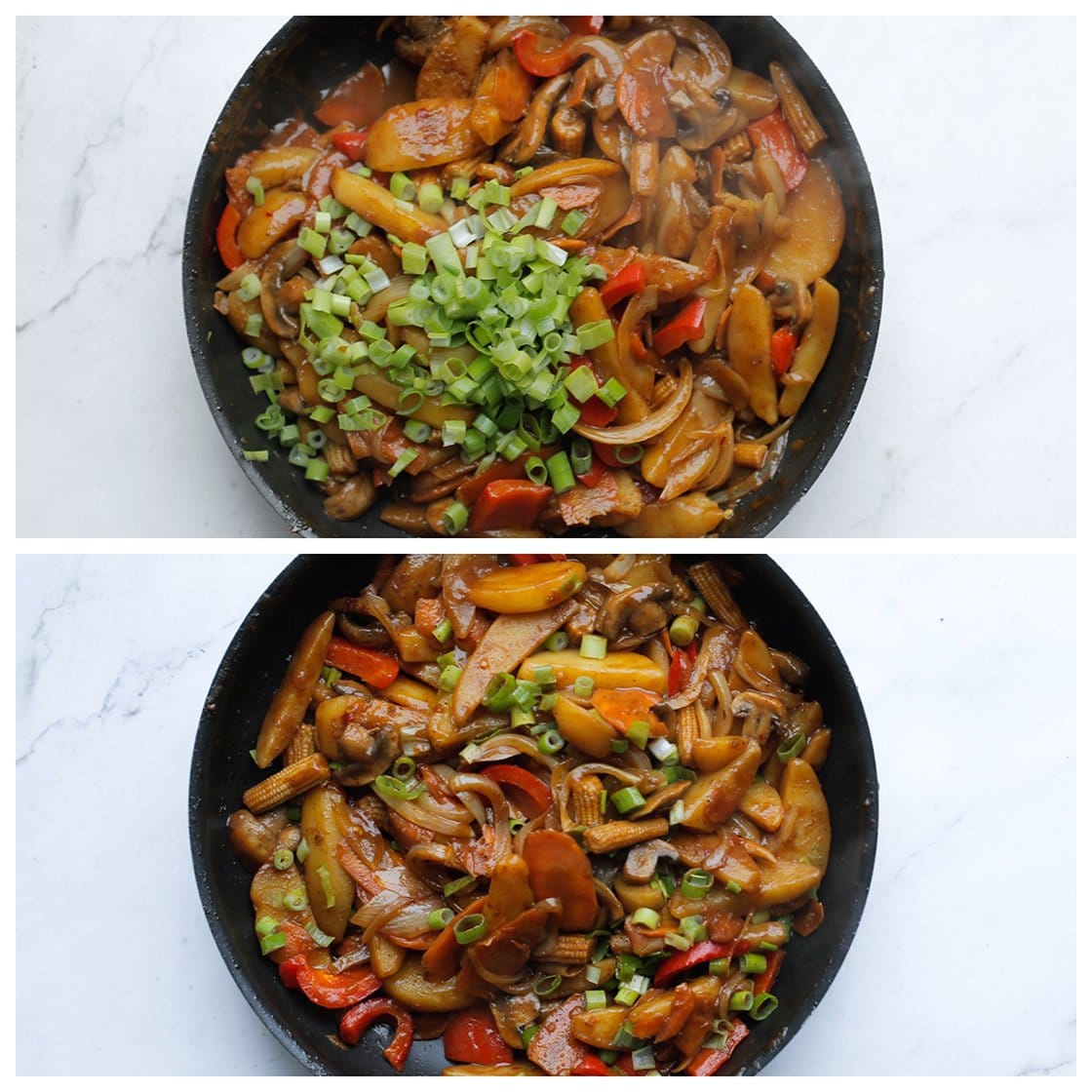 Lente ui toevoegen aan het aardappelmengsel