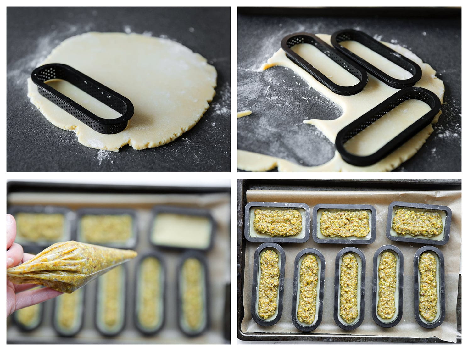 Met een uitsteker vormpjes uit het koekjesdeeg halen en pistachespijs erop spuiten