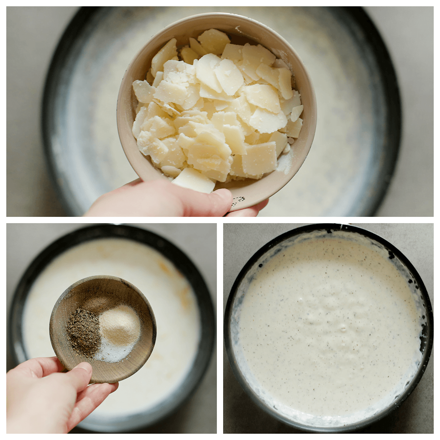 Parmezaanse kaas en kruiden toevoegen aan de bechamelsaus