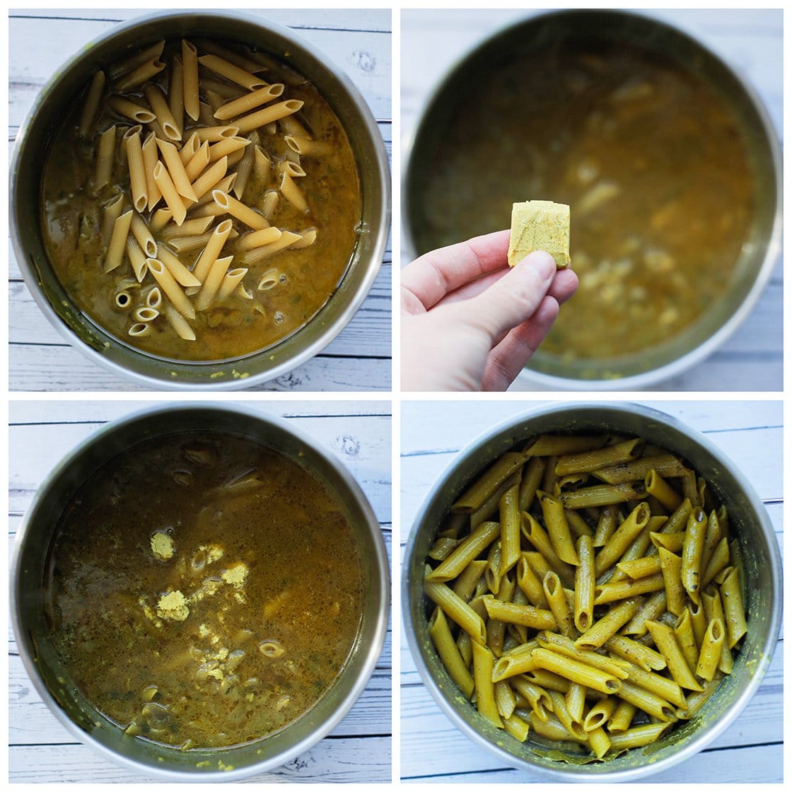 Penne en kippenbouillonblokje koken in de kipsaus