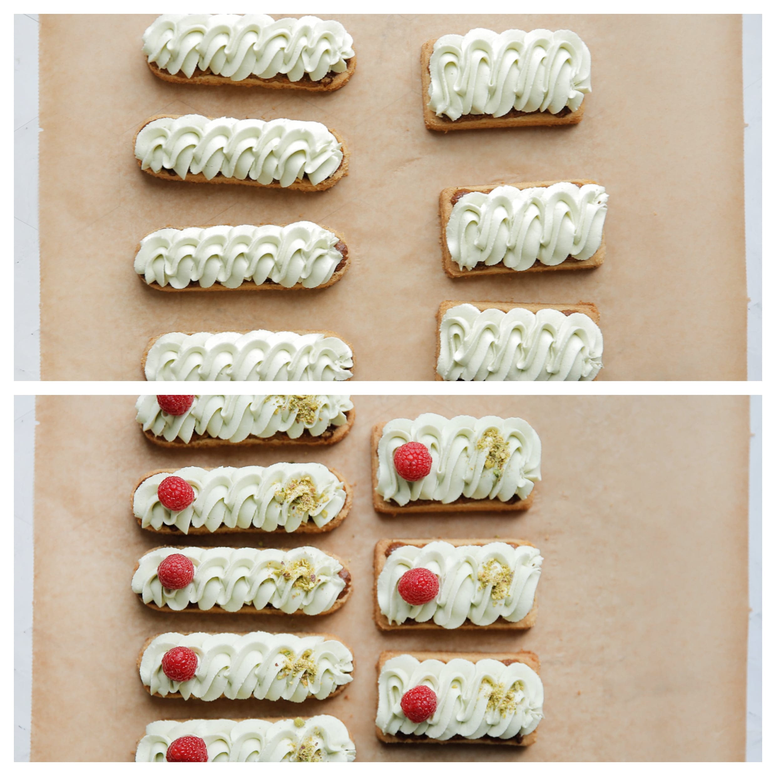 Pistachesloffen garneren met room, frambozen en gehakte pistachenoten