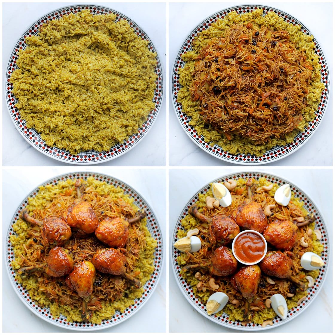 Rijst, vermicelli en kip verdelen over een groot bord