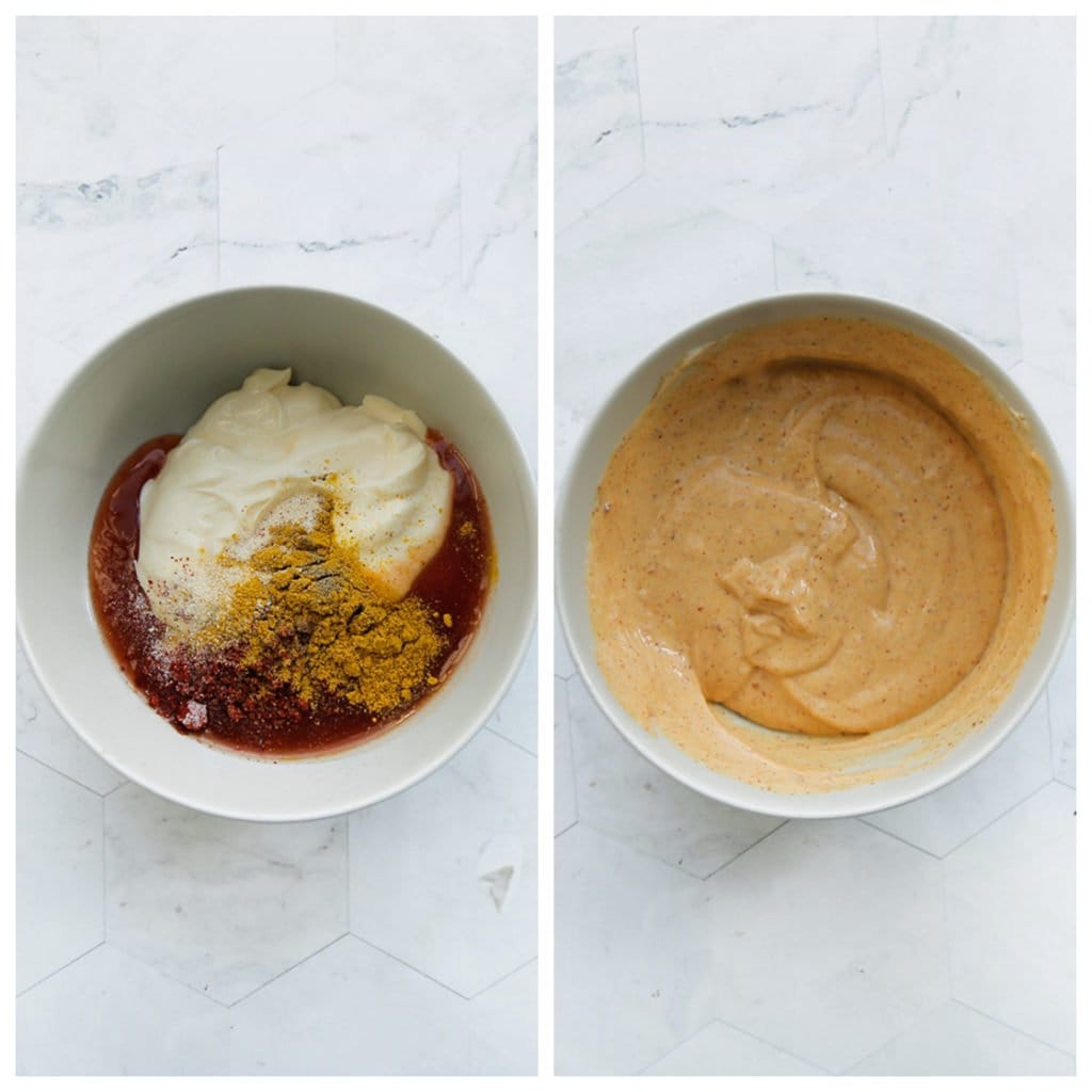 Doe de mayonaise, chilisaus, currypoeder, uienpoeder, paprikapoeder en zwarte peper in een kom. Meng goed. Voeg zout toe naar smaak.