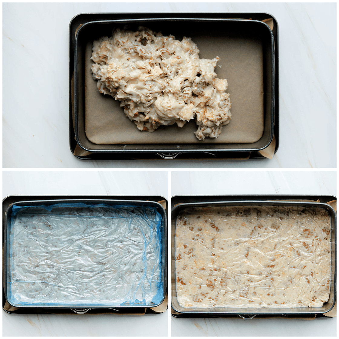 Speculoos fudge uitsmeren over een bakvorm