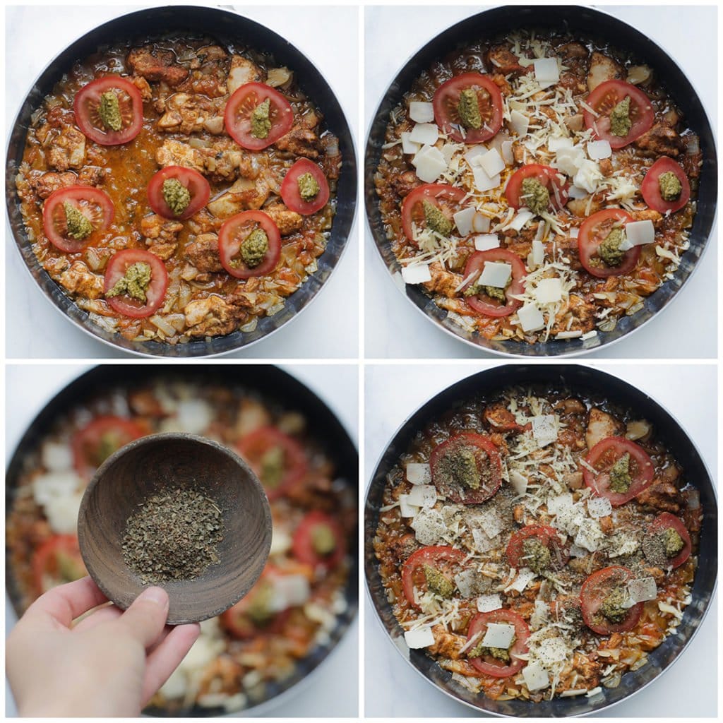 Snijd een tomaat in plakken. Verdeel de tomaat over het kipmengsel en schep er groene pesto op. Strooi er wat parmezaanse vlokken en geraspte mozzarella over. Kook 2 minuten of tot de kaas is gesmolten.