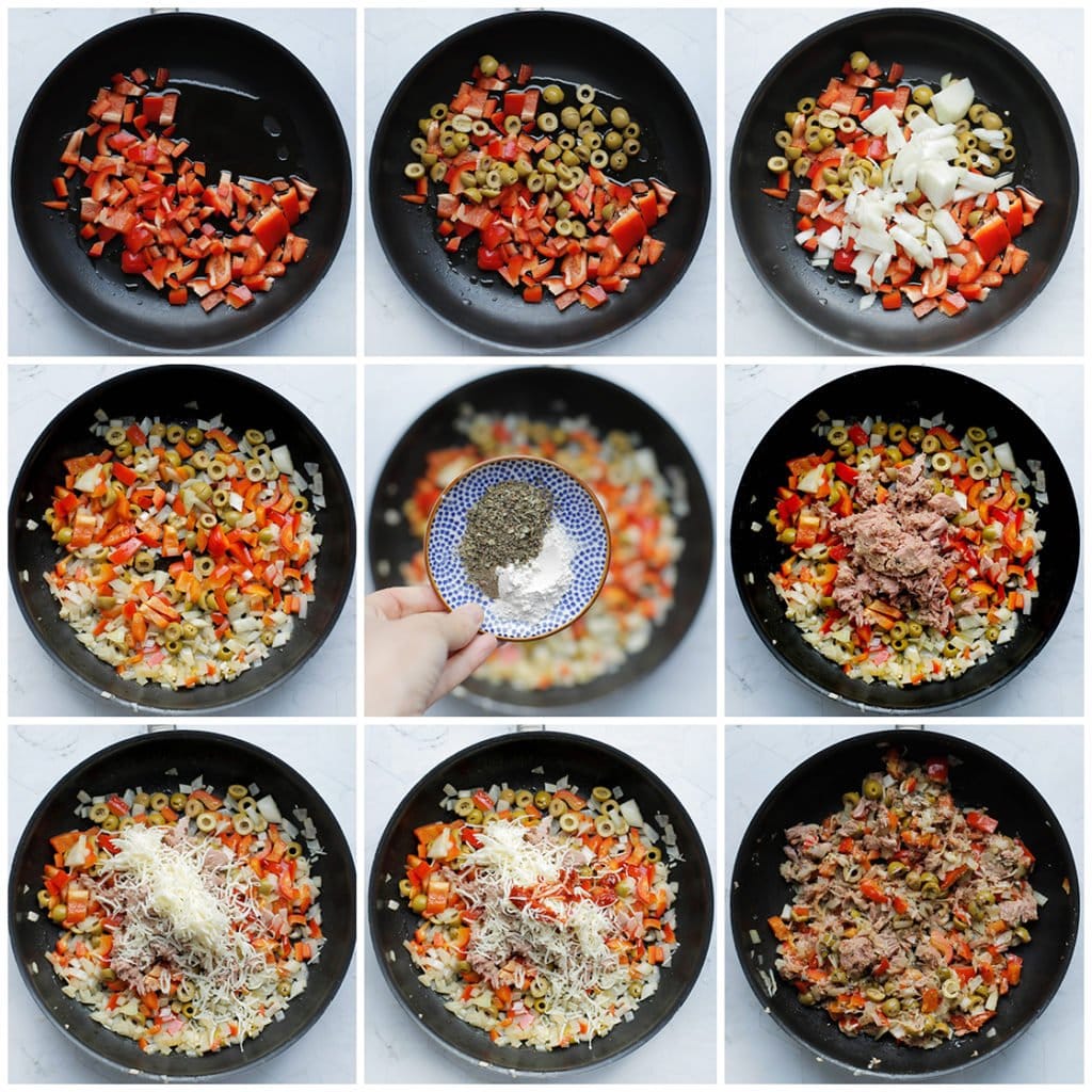 Verhit de olijfolie in een koekenpan op middelhoog vuur. Voeg de rode paprika, groene olijven en gele ui toe. Bak 4 minuten. Voeg de uienpoeder, zwarte peper en Italiaanse kruiden toe. Bak een minuut. Zet het vuur uit. Voeg de tonijn, geraspte kaas en sambal toe. Meng goed.