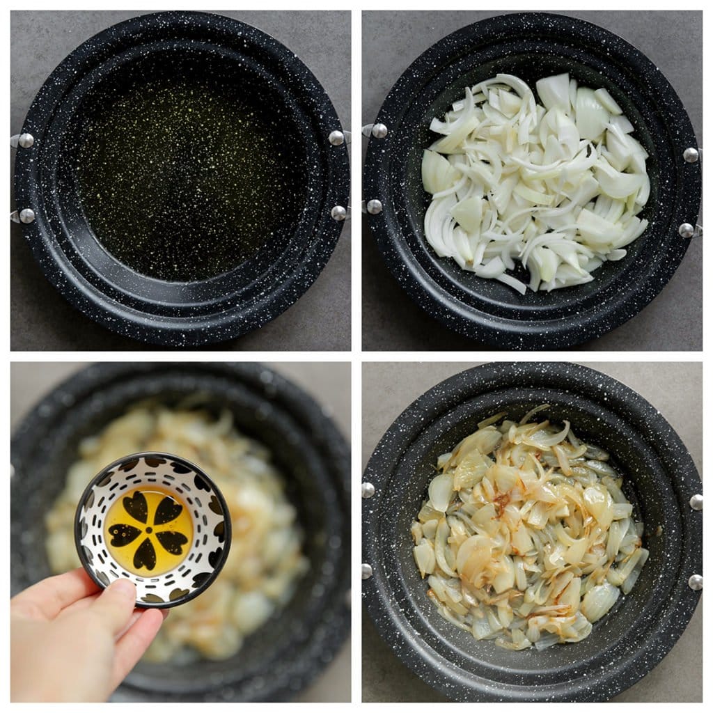 Verhit de olijfolie op middelhoog vuur. Voeg de gele ui toe en bak tot de randen goudbruin kleuren. Zet het vuur laag en bak, afgedekt, 10 minuten. Voeg de honing toe en kook 5 minuten, roer tussendoor wel.