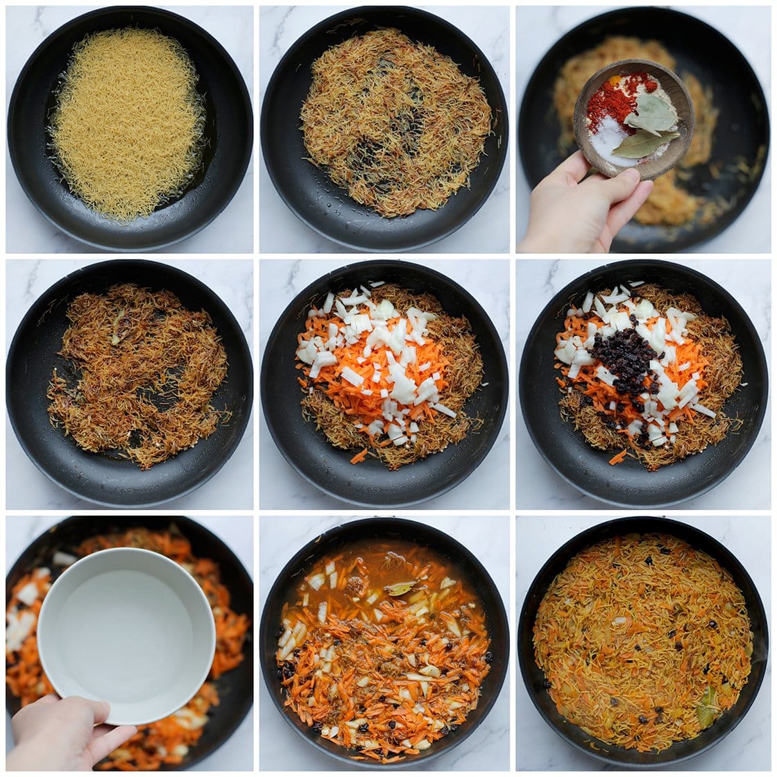 Vermicelli bakken en zacht koken met groenten en kruiden