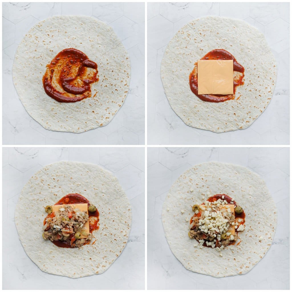 Neem een wrap en smeer er wat van het tomatensaus op. Leg er een plakje cheddar op (optioneel). Schep het tonijnmengsel er op en strooi de geraspte kaas erover.