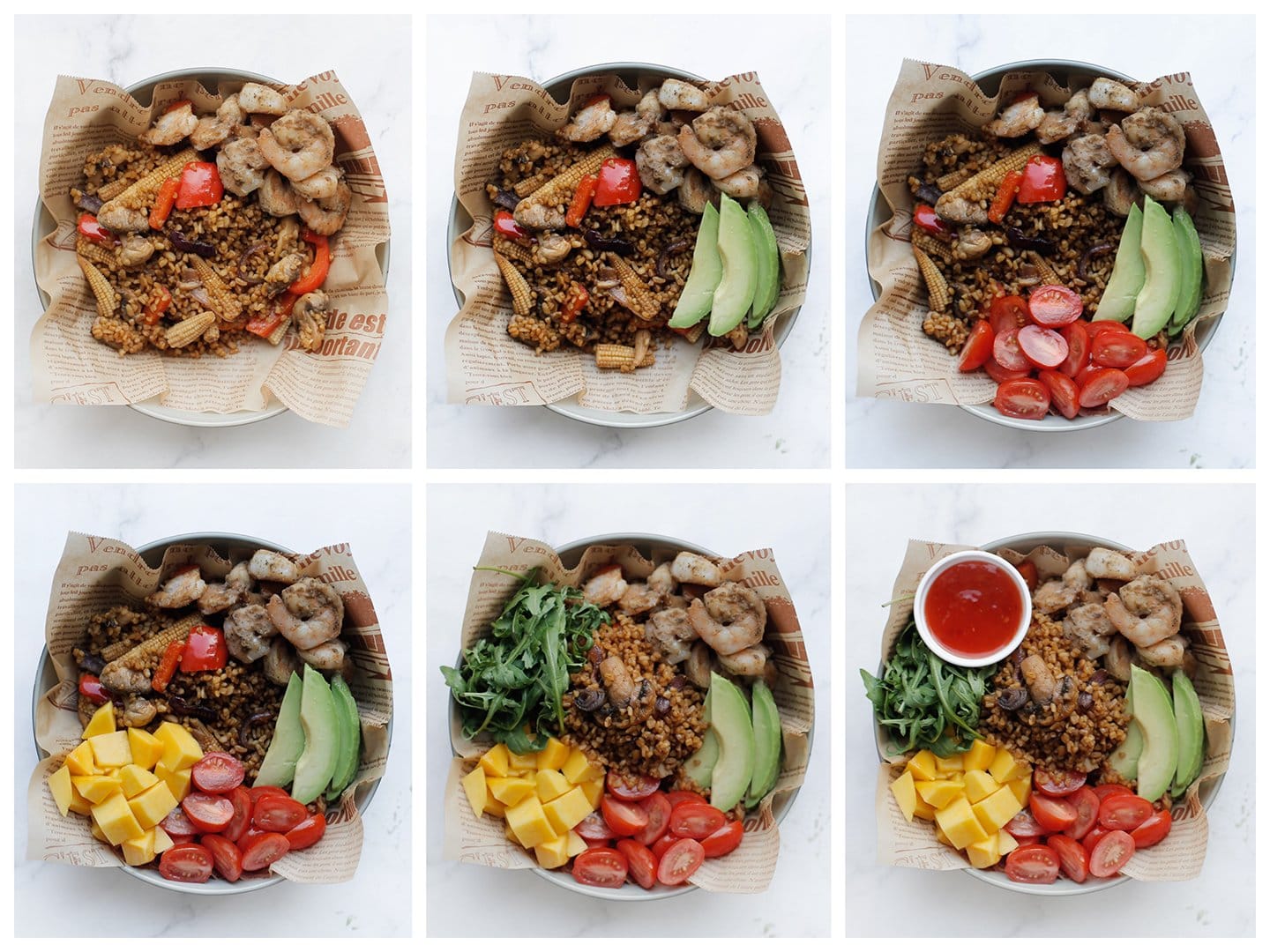 bulgur bowl in volgorde vullen met garnalen, groenten en fruit