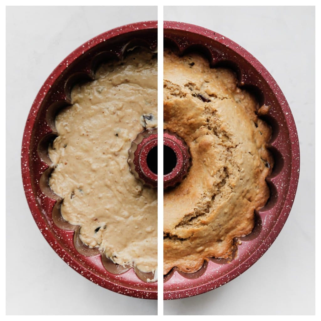 Vet de tulband goed in en giet het beslag erin. Leg de cake in een voorverwarmde oven op 160 ℃. Bak 35-40 minuten. De cake is gaar wanneer je er met een satéprikker in prikt en er droog uitkomt. Laat afkoelen.