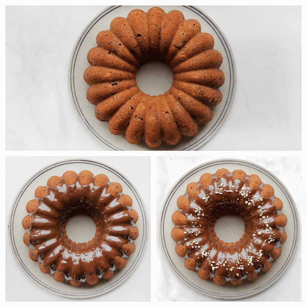 Giet de gesmolten chocolade over de cake en strooi er gehakte walnoten op. Leg, afgedekt, 1 uur in de koelkast of tot de chocolade stevig is.