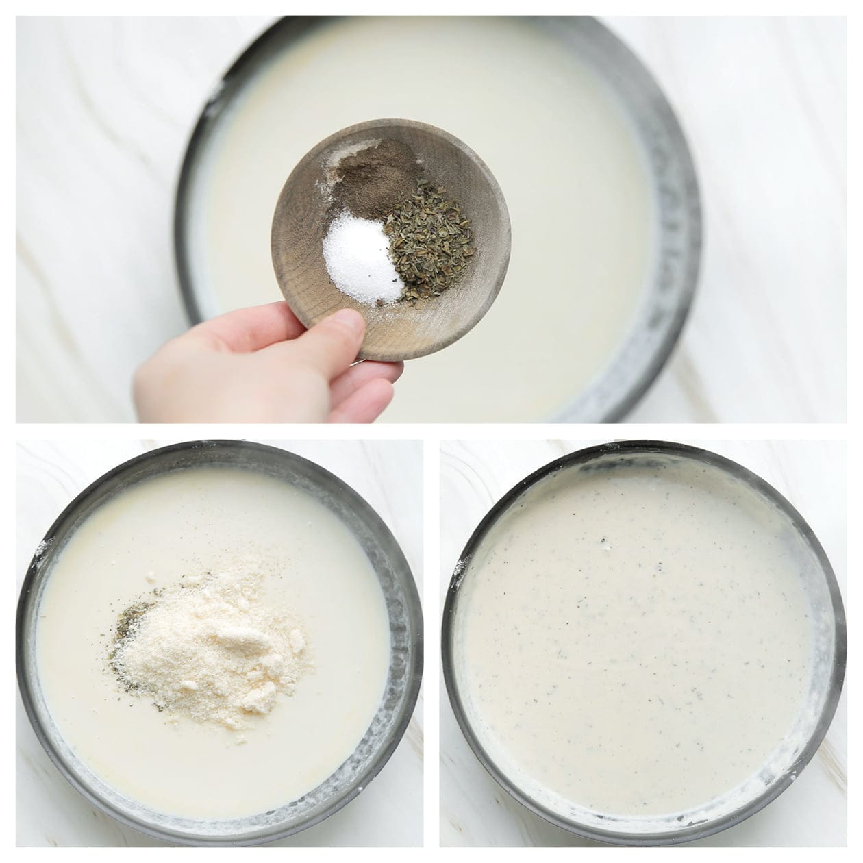 Behcamelsaus op smaak brengen met kruiden en parmezaanse kaas kopiëren