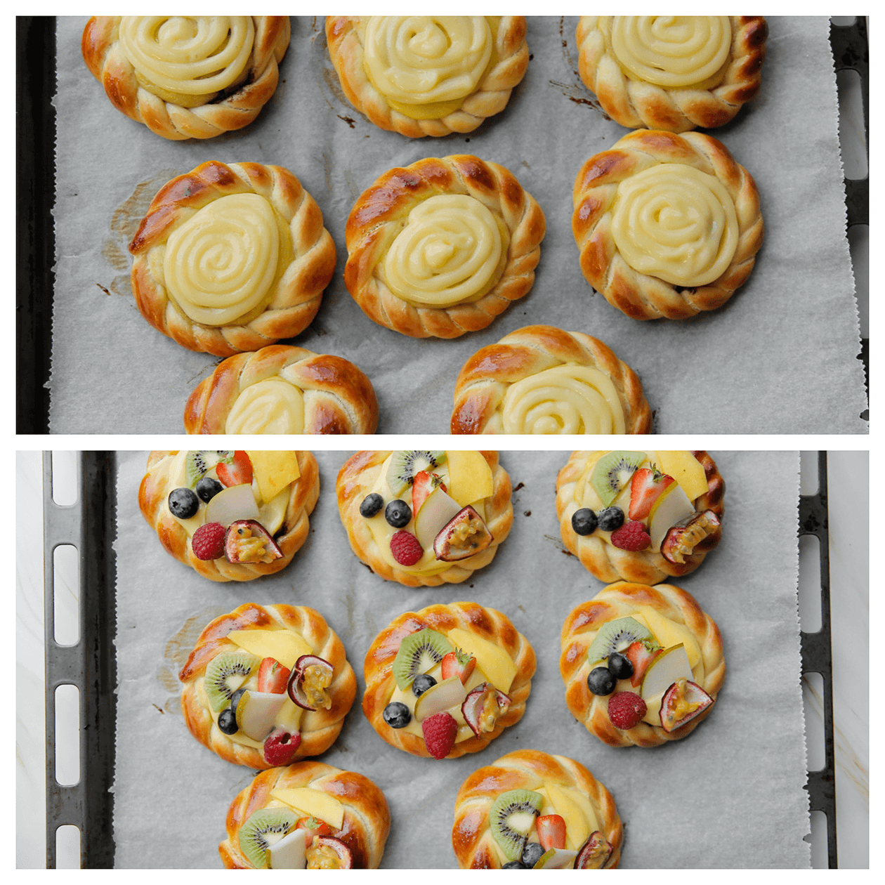 Broodje garneren met gele room en vers fruit kopiëren