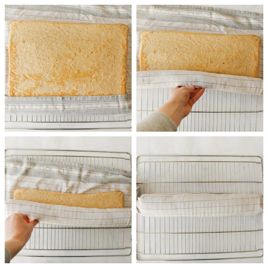 Rol de cake in met behulp van een vochtige theedoek of bakpapier. Leg even weg in de koelkast (30 minuten - mag ook langer).