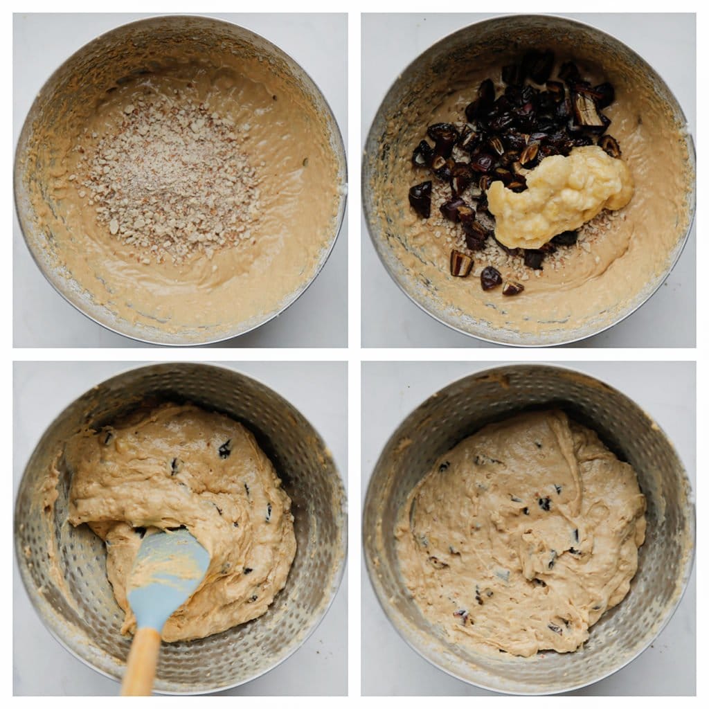 Voeg de dadels, walnoten en banaan toe. Meng goed, gebruik hier een spatel voor.