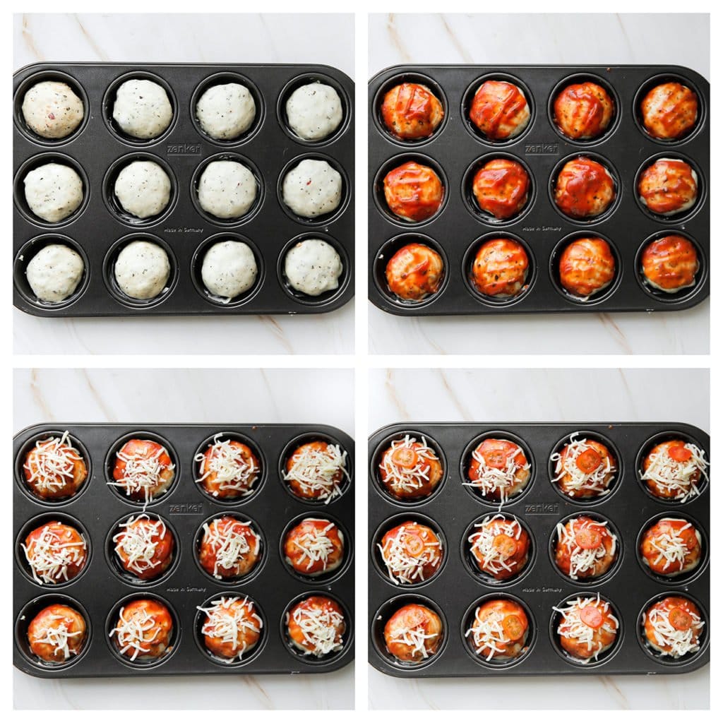 Doe de bolletjes deeg in een ingevette muffinbakvorm. Verdeel er wat tomatensaus over. Garneer met geraspte kaas en tomaat.
