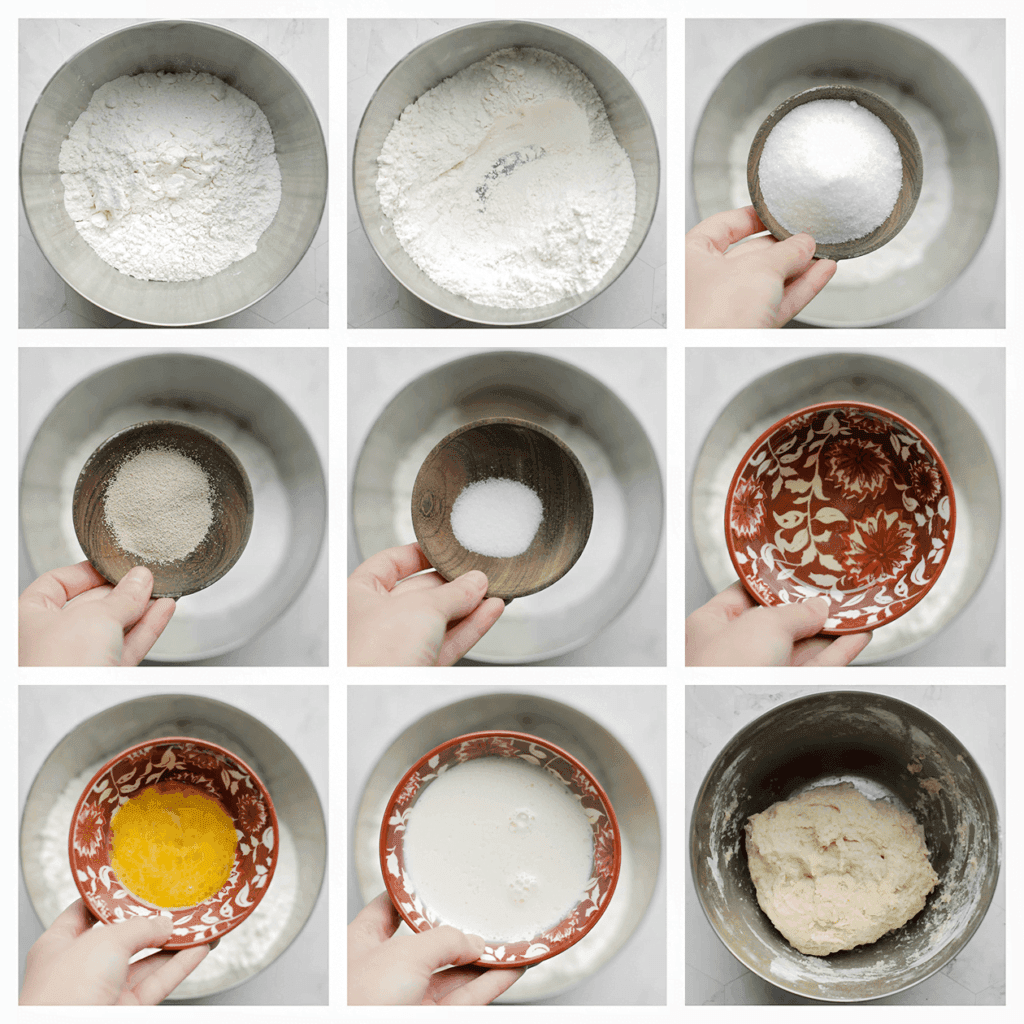 Doe de bloem, witte basterdsuiker, vanillesuiker, gist en het zout in een kom. Meng goed. Voeg de zonnebloemolie, het geklutst ei en de lauwwarme melk toe. Meng/kneed een paar minuten goed samen en laat het dan 10 minuten rusten (dit i.v.m. met de plakkerigheid van het deeg). Kneed vervolgens 10 minuten.