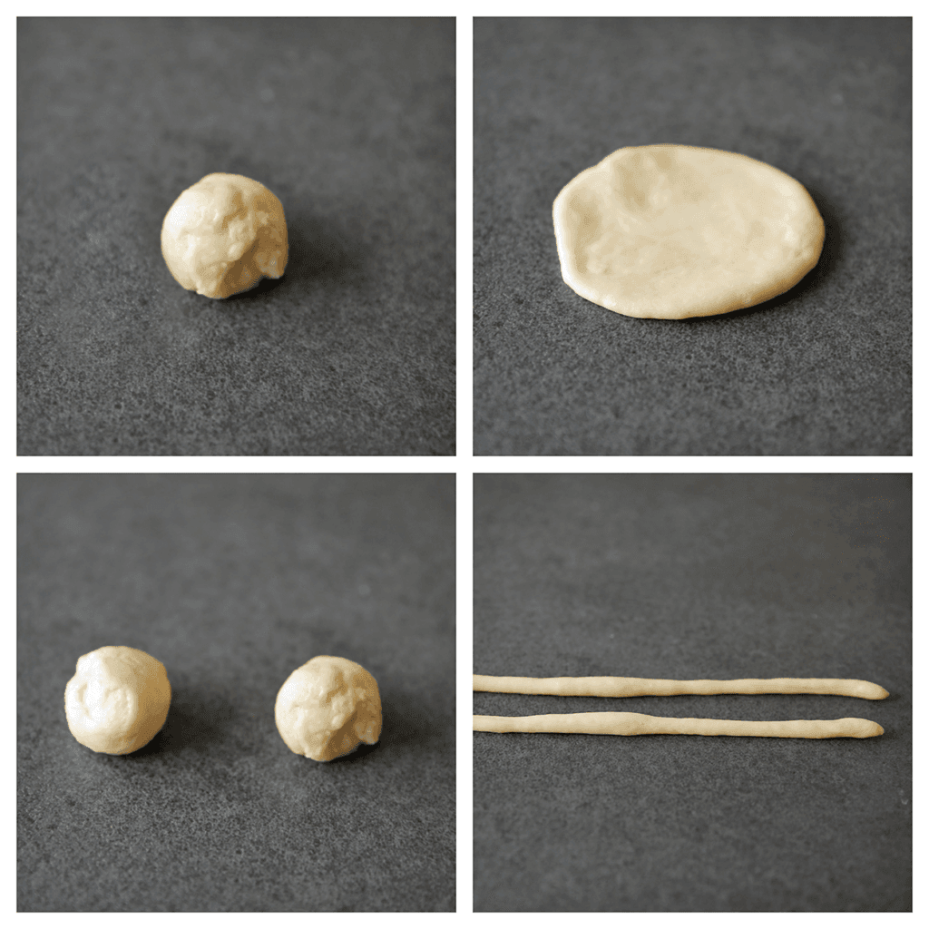 Neem het stuk deeg van 30 g en rol deze uit tot een ronde vorm van 8 cm. De 2 stukken van 20 g rol je beiden uit tot een sliert van 30 cm.