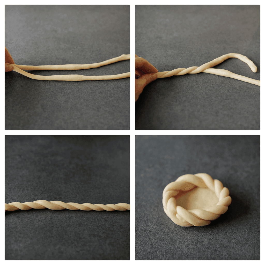 Neem de twee slierten en draai deze om elkaar heen. Leg ze om het platte deeg heen. 