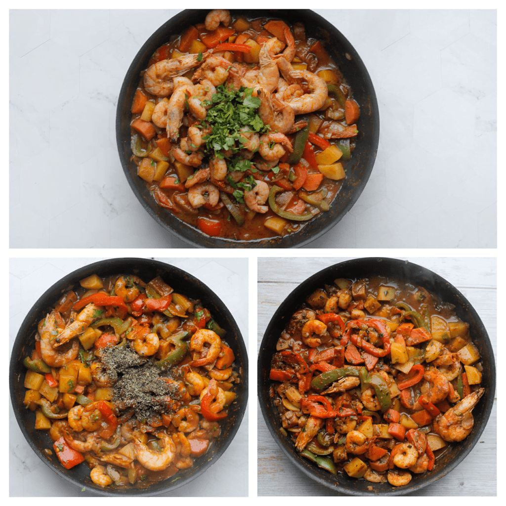 Voeg de garnalen en peterselie toe. Meng goed. Voeg de gedroogde basilicum toe en meng tot een geheel.