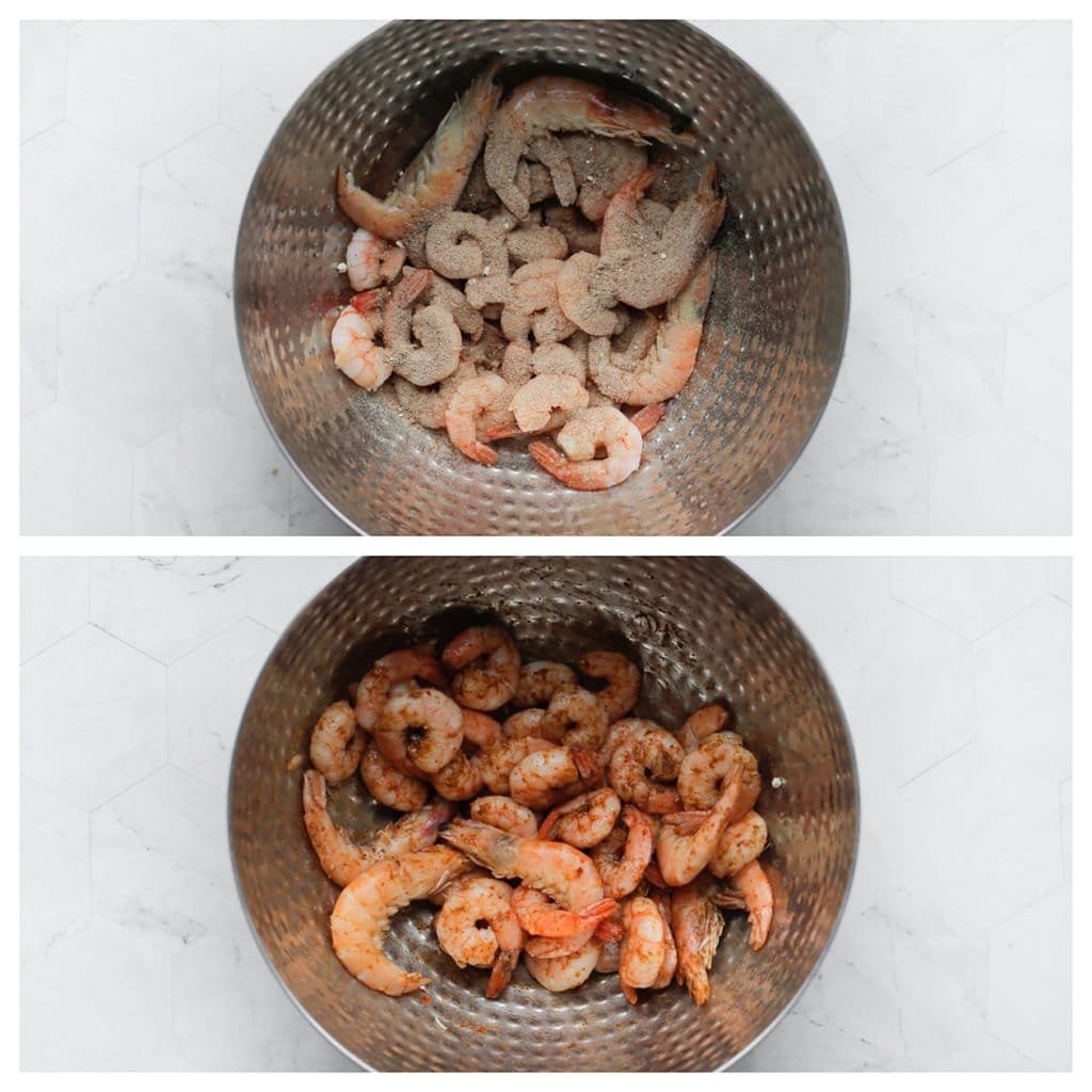 Doe de garnalen in een kom. Voeg de olijfolie (10 ml) en de helft van het kruidenmengsel toe. Meng tot een geheel.