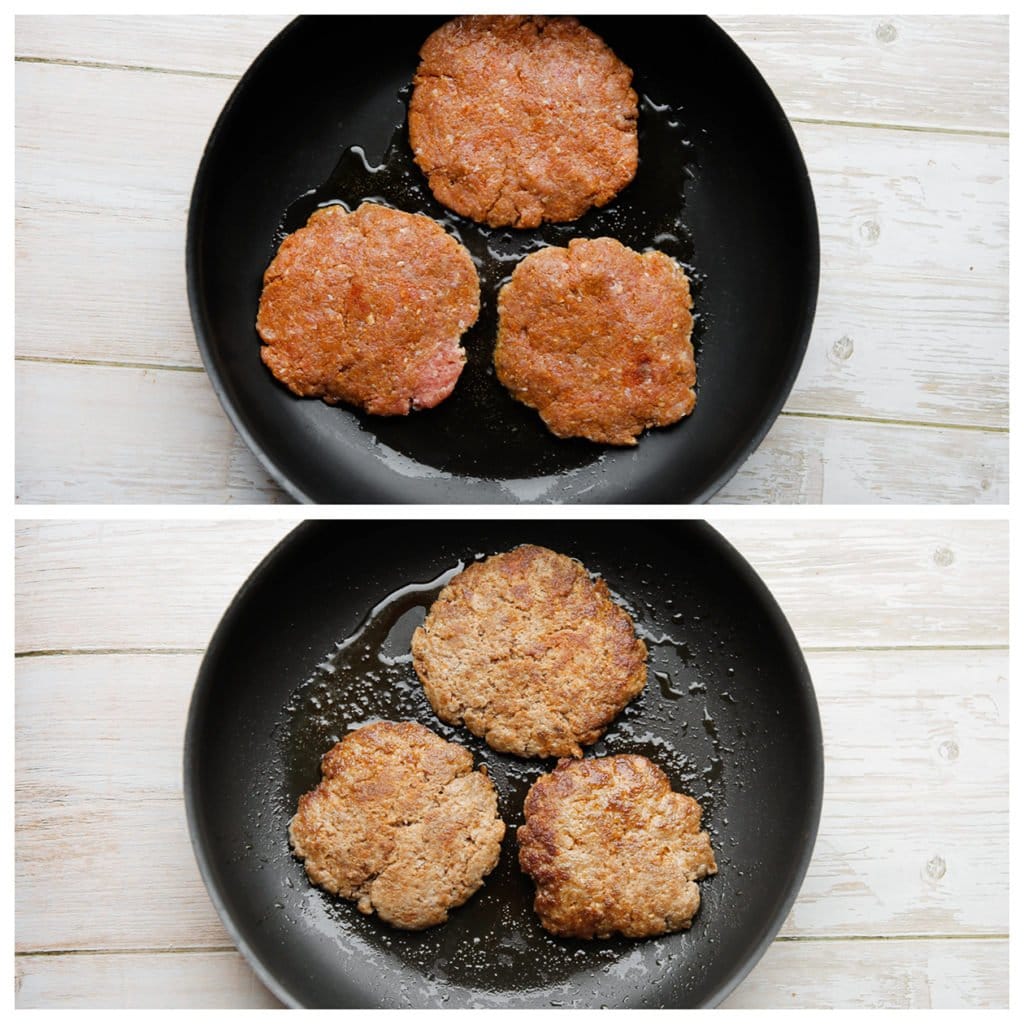 Vorm er 3 grote burgers van. Verhit wat zonnebloemolie in een koekenpan op middelhoog vuur. Bak de burgers aan elke kant in een paar minuten gaar.