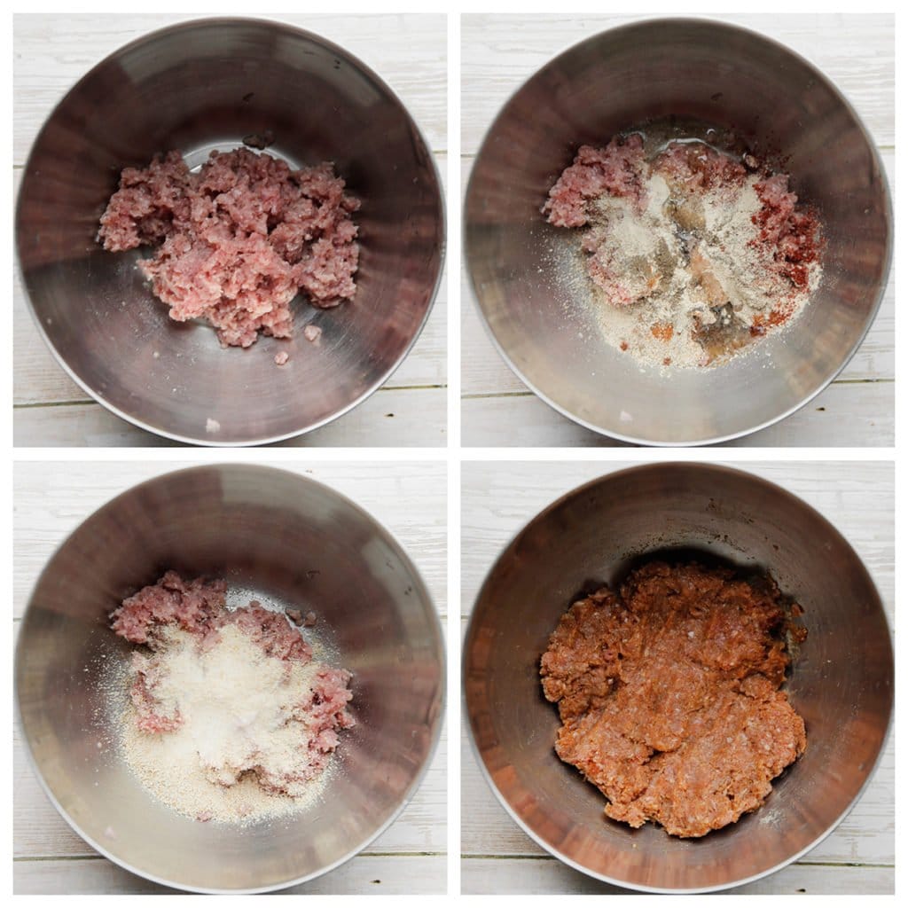 Doe het gehakt, zout, paneermeel, de paprikapoeder, knoflookpoeder, uienpoeder, zwarte peper, cayennepeper en olijfolie in een kom. Kneed goed.