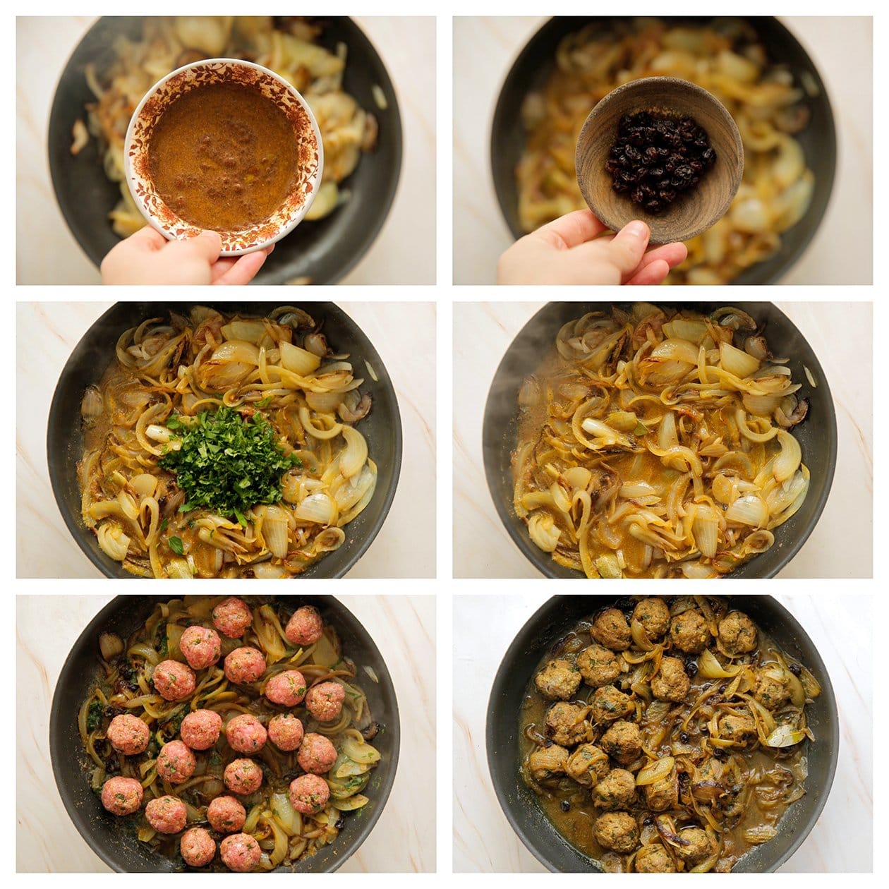 Gekarameliseerde ui koken met het kruidenmengsel, de rozijnen en peterselie