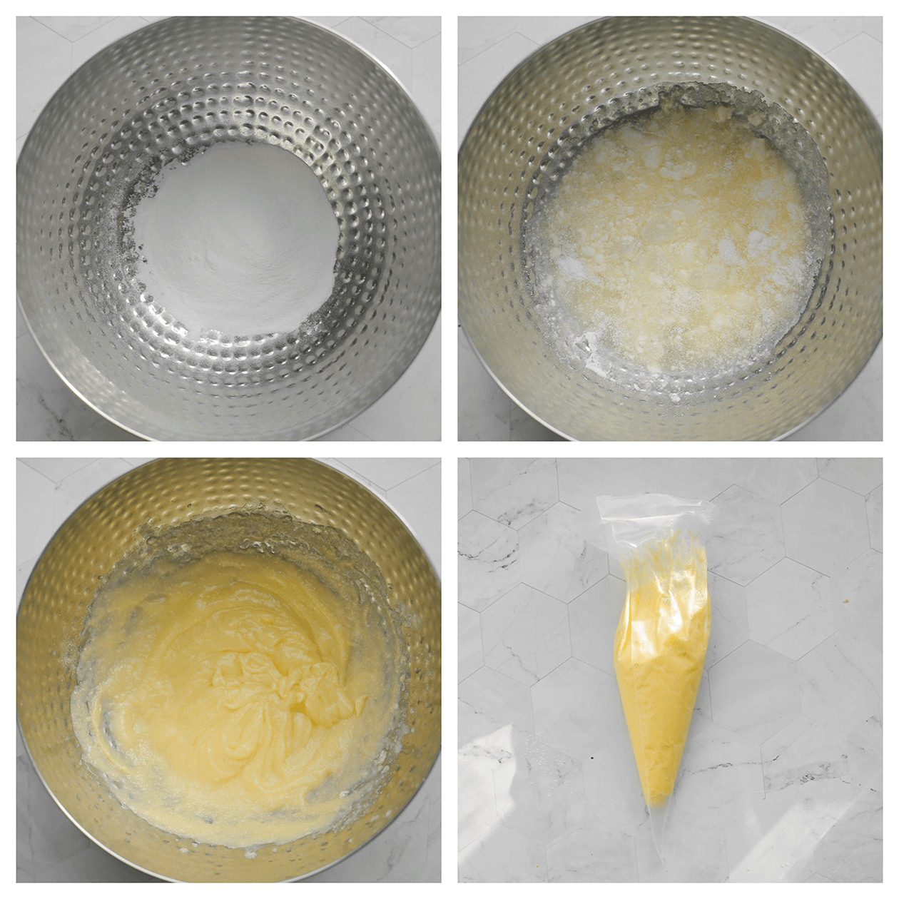 Gele room stevig mixen en in spuitzak kopiëren