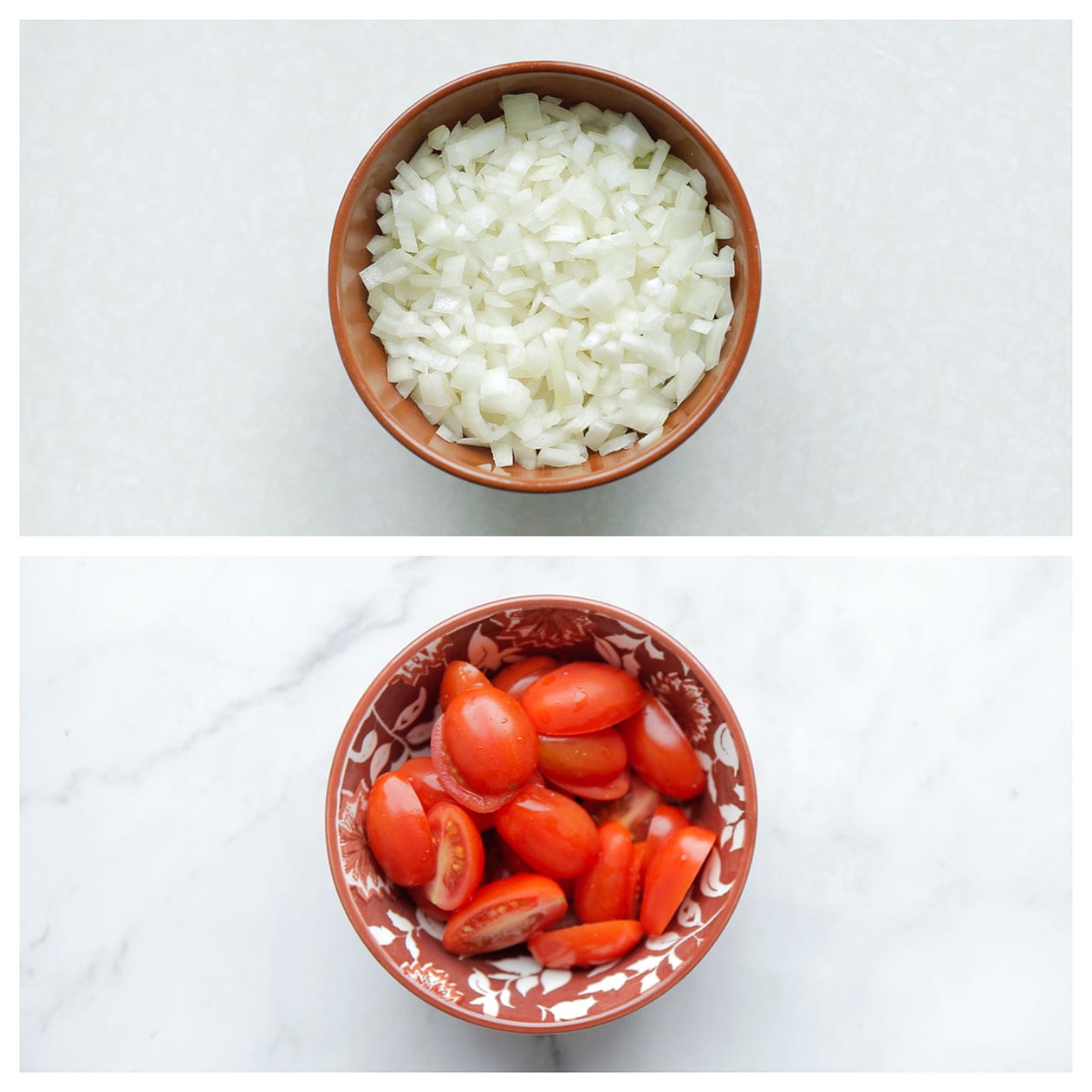 Gesnipperde gele ui en snoeptomaatjes in halfjes