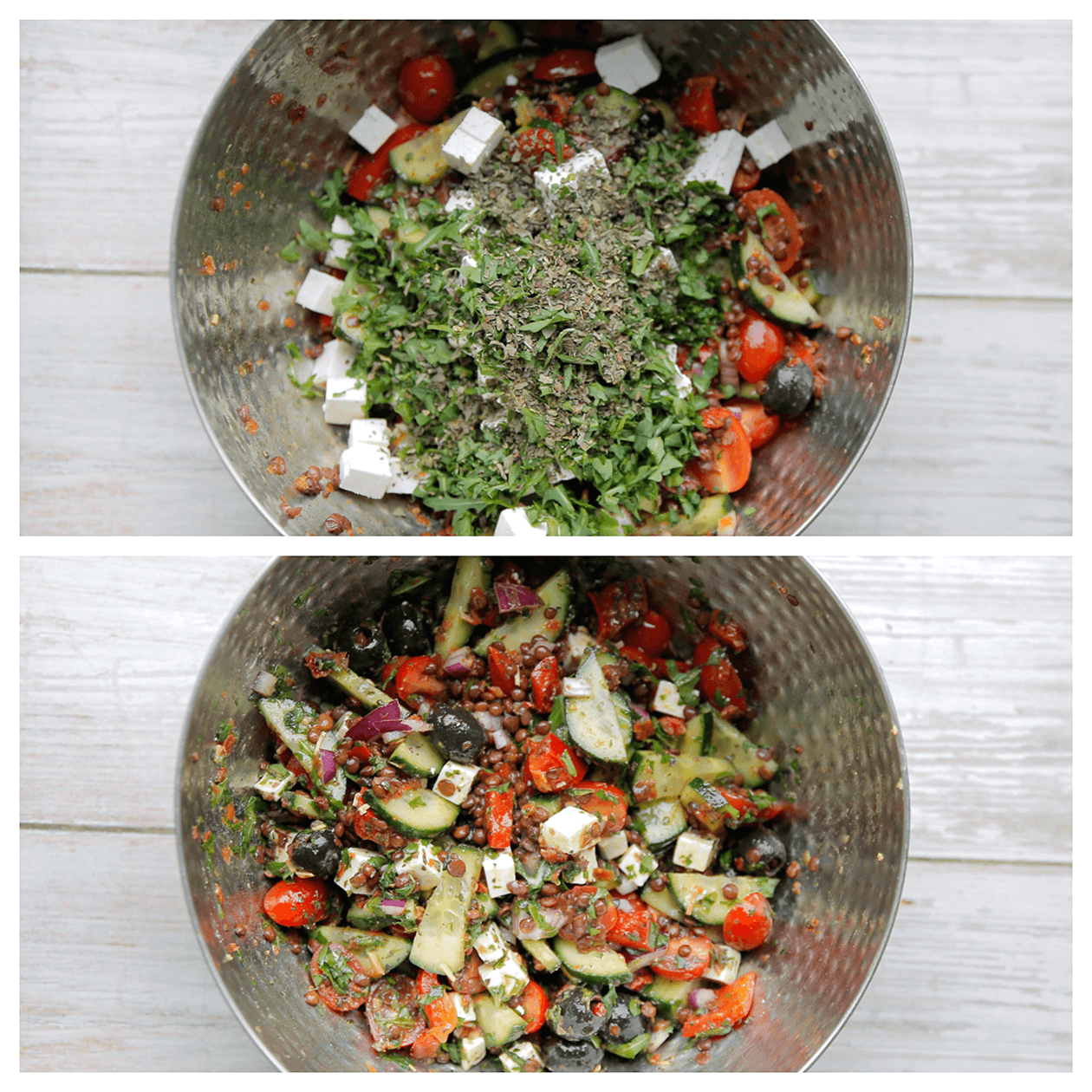 Groene linzen mengen met rucola en feta kaas kopiëren