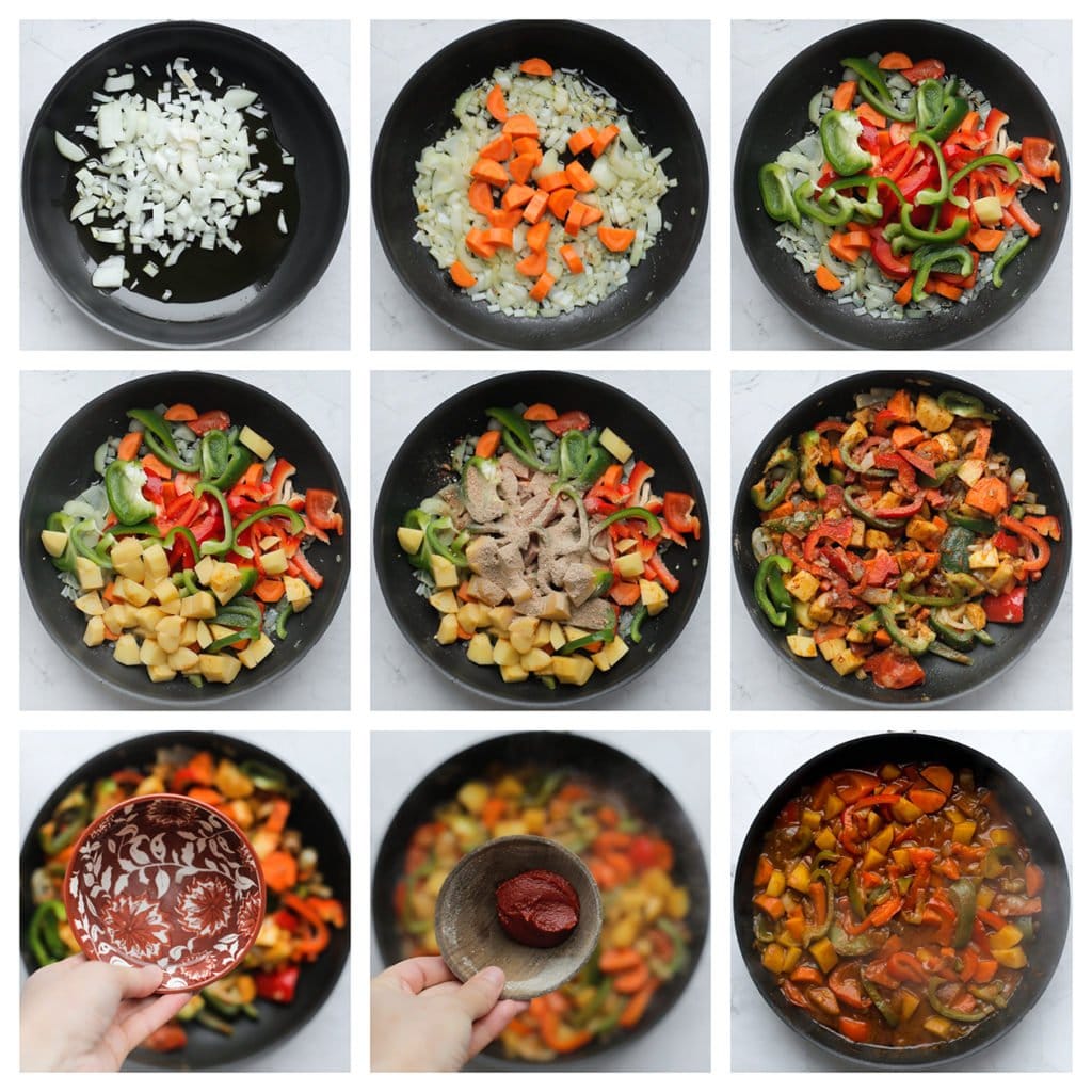 Verhit de olijfolie (35 ml) in een koekenpan op middelhoog vuur. Voeg de gele ui toe en bak 2 minuten. Voeg de aardappels, wortel, groene paprika, rode paprika toe en het overige kruidenmengsel toe. Kook 1 minuut. Voeg het water en tomatenpuree toe. Kook, afgedekt, 20 minuten.