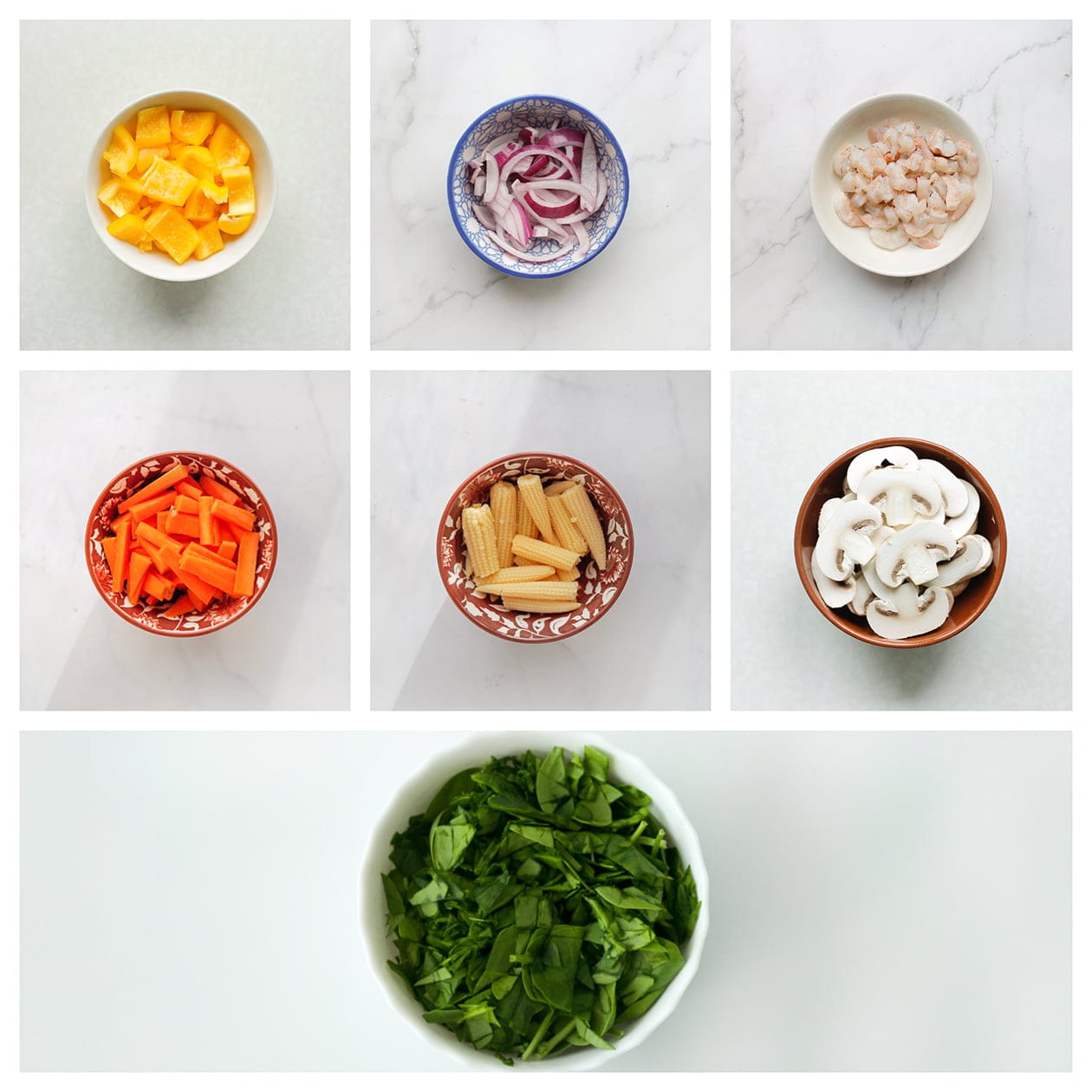 Groenten en garnalen snijden